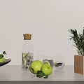 Minimalist Decorative Ornament Set With Fresh Apples Transparent Bottle Glassware And Wooden Rosemary Planter