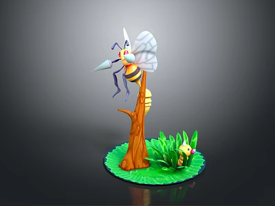 Cartoon Bee 3D Model Standing On Wooden Stump With Green Grass And Small Yellow Figure 3d model