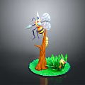 Cartoon Bee 3D Model Standing On Wooden Stump With Green Grass And Small Yellow Figure