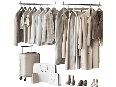Neutral Tones Clothes Hanging on Hangers with Suitcase Shopping Bags and Shoes 3d model
