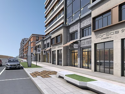 Modern Commercial Street with Shops Storefronts Cars Benches and Green Spaces 3d model