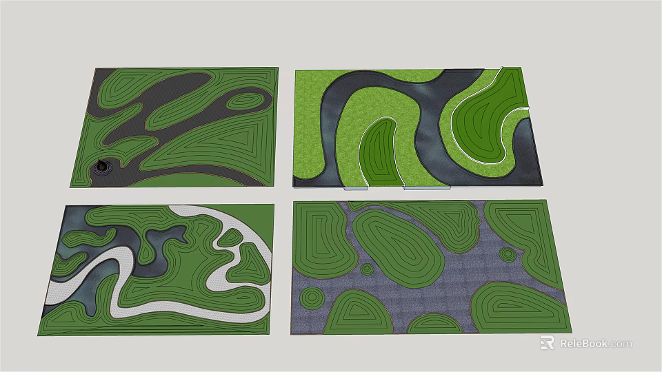 Various Garden Feature Design Layouts With Curved Green Areas And Pathways 3d model 
