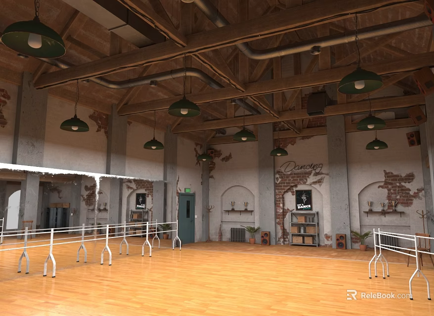 Bright Fitness Dance Studio with Wooden Floor Barre Green Pendant Lights and Exposed Brick Walls 3d model 