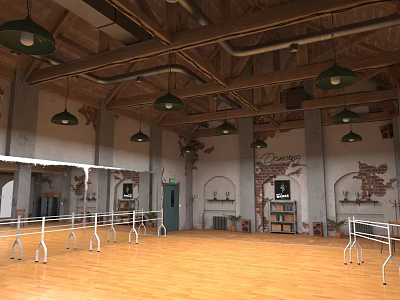 Bright Fitness Dance Studio with Wooden Floor Barre Green Pendant Lights and Exposed Brick Walls 3d model