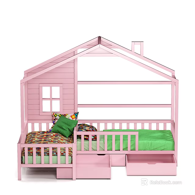 Pink House Shaped Kids Bed With Green Mattress And Storage Drawers 3d model 