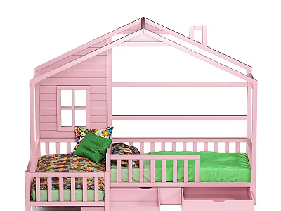 Pink House Shaped Kids Bed With Green Mattress And Storage Drawers 3d model