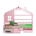 Pink House Shaped Kids Bed With Green Mattress And Storage Drawers