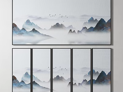 Ink Wash Style Landscape Painting With Misty Mountains Flying Birds And Soft Clouds 3d model