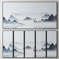 Ink Wash Style Landscape Painting With Misty Mountains Flying Birds And Soft Clouds