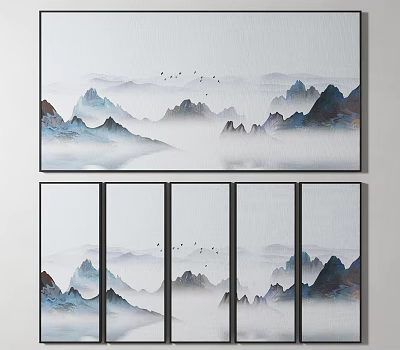 Ink Wash Style Landscape Painting With Misty Mountains Flying Birds And Soft Clouds 3d model