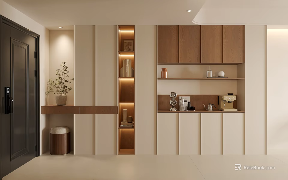Modern Shoe Cabinet Design With Wooden And White Finish And Display Shelves For Decorative Items 3d model 