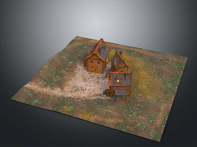 Rustic Small Houses With Gabled Roofs Wooden Structures Grass And Dirt Path 3d model