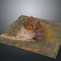 Rustic Small Houses With Gabled Roofs Wooden Structures Grass And Dirt Path