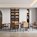Modern Restaurant Interior With Open Layout Dining Table Chairs And Glass Wine Cabinets 3d model