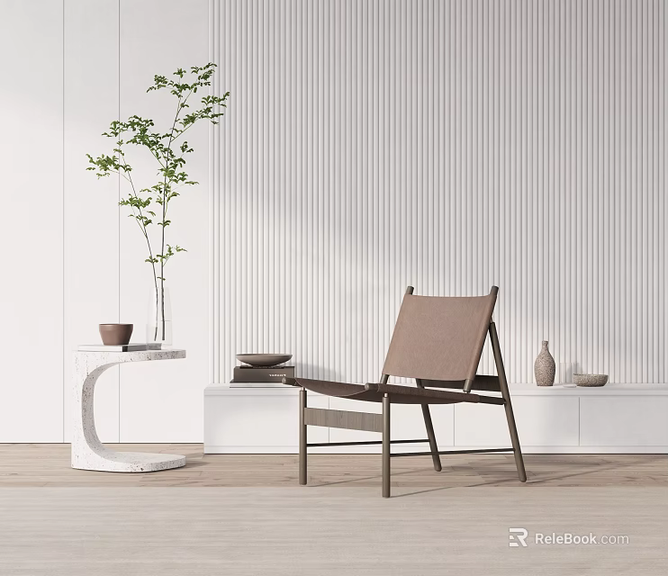 Modern Minimalist Accent Chair with Stripped Wall Side Table Potted Plant and Vases 3d model 