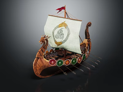 Viking Warrior Dragon Head Ship With Decorated Sail Colored Shields And Oars 3d model