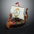 Viking Warrior Dragon Head Ship With Decorated Sail Colored Shields And Oars