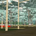 Scenic Park Pathway With Lush Trees Purple Flower Beds And People Walking Near Red Structures