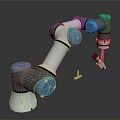 Industrial Robotic Arm With Blue Joints Grabbing Screw And Mechanical Parts