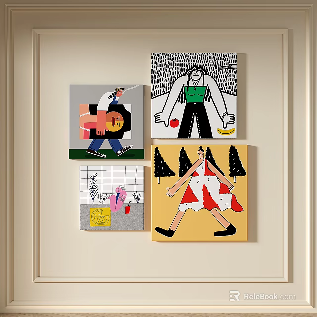 Four Abstract Paintings With Colorful Figures Geometric Shapes And Tree Elements 3d model