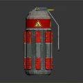 Military Grenade Weapon Design With Silver Body Red Stripes Yellow Pin And Warning Sign