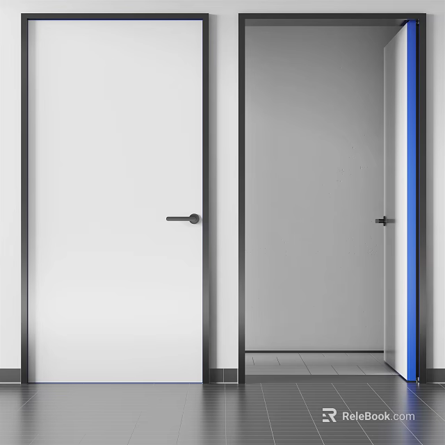 Modern Interior Swing Doors Featuring White Panels Black Frames Handles And Open Closed Design 3d model
