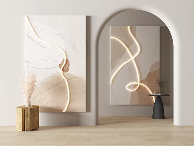 Abstract Paintings With Illuminated Lines And Light Tones In Modern Interior 3d model
