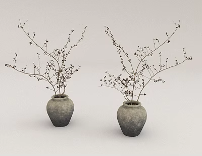 Bonsai Potted Plants in Two Gray Clay Pots with Small Thin Branches and Black Fruits 3d model