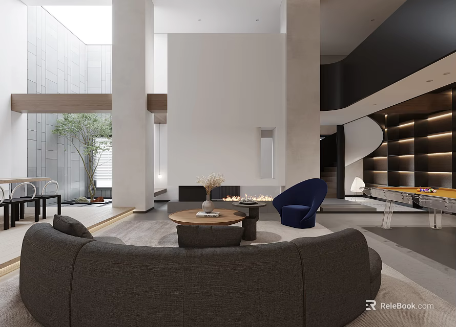 Modern Spacious Duplex Living Room With Round Coffee Table Blue Armchair Fireplace And Spiral Staircase 3d model 