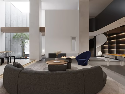 Modern Spacious Duplex Living Room With Round Coffee Table Blue Armchair Fireplace And Spiral Staircase 3d model