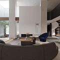 Modern Spacious Duplex Living Room With Round Coffee Table Blue Armchair Fireplace And Spiral Staircase