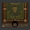 Green And Brown Decorative Mat With Ornate Patterns And Rolled Scroll