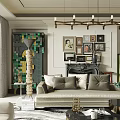 Elegant Modern Living Room Interior With Sofa Chandelier Decorative Paintings And Area Rug