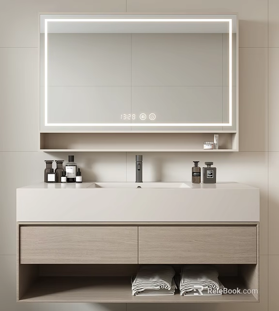Modern Bathroom Vanity With LED Backlit Mirror Double Sink And Wooden Cabinet 3d model 