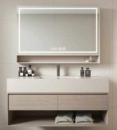 Modern Bathroom Vanity With LED Backlit Mirror Double Sink And Wooden Cabinet 3d model