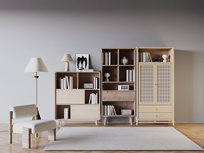 Modern Wooden Bookshelf Interior With Books Decorative Items Chair And Floor Lamp 3d model