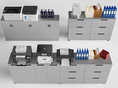 Gray Storage Cabinet Racks With Printers File Folders Paper And Office Supplies 3d model