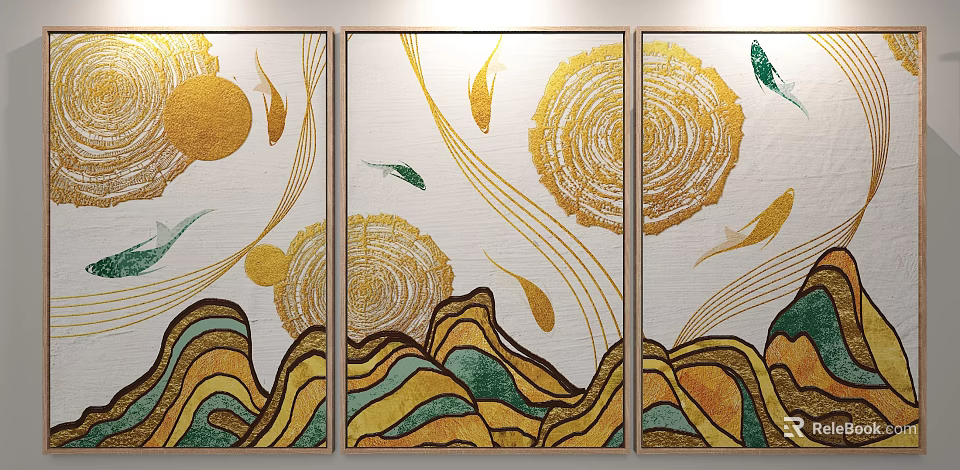 Abstract Wall Art With Golden Circular Patterns Yellow Green Fish And Wavy Mountain Forms 3d model
