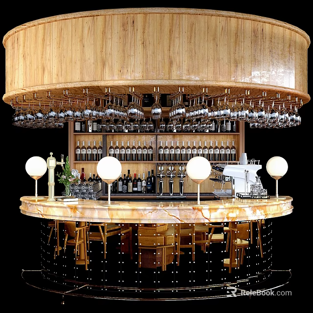 Commercial Bar Equipment With Round Counter Hanging Glass Racks Spherical Lamps And Wine Cabinets 3d model 