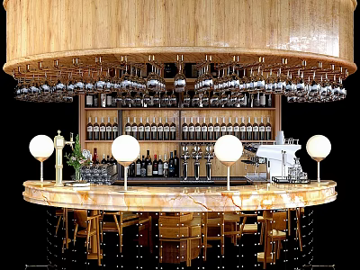 Commercial Bar Equipment With Round Counter Hanging Glass Racks Spherical Lamps And Wine Cabinets 3d model