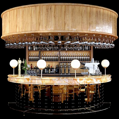 Commercial Bar Equipment With Round Counter Hanging Glass Racks Spherical Lamps And Wine Cabinets 3d model