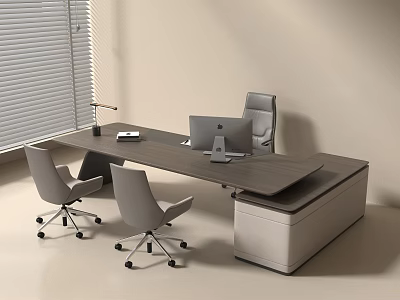 Modern Office Desk with Dark Wooden Top Two Gray Chairs Laptop Lamp and Window Blinds 3d model