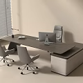 Modern Office Desk with Dark Wooden Top Two Gray Chairs Laptop Lamp and Window Blinds
