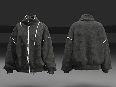 Black Fleece Jacket Front And Back View With White Stitching Zipper And Drawstring 3d model