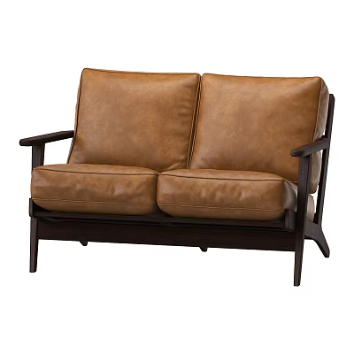 Brown Leather Two Seater Sofa With Dark Wooden Arms And Minimalist Design 3d model