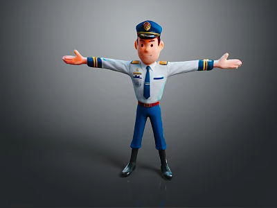 Cartoon Game Movie Character In Pilot Uniform With Hat And Arms Outstretched 3d model