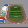 Football Stadium With Green Turf Red Running Track Colorful Seats And White Canopies