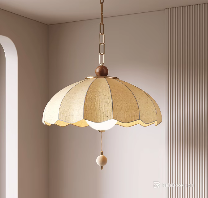 Beige Linen Pendant Light with Scalloped Shade Wooden Ball and Metal Chain Decoration 3d model 