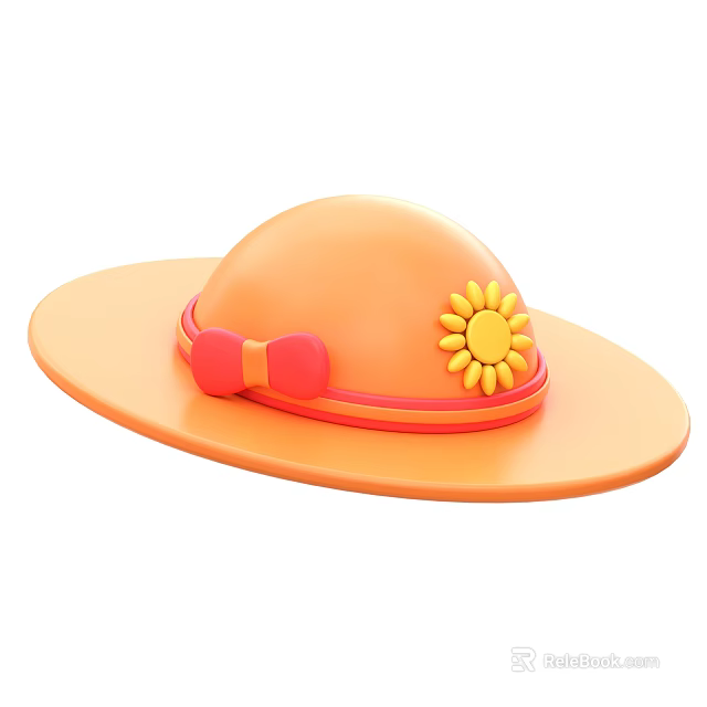Cute Orange Wide Brimmed Hat With Round Crown And Pink Bow Sunflower Decoration 3d model 