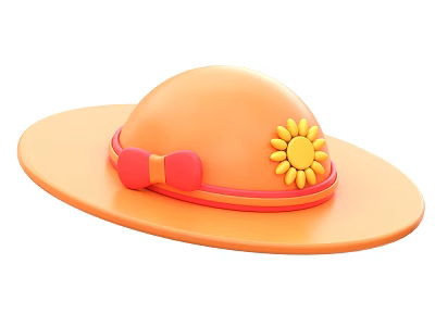 Cute Orange Wide Brimmed Hat With Round Crown And Pink Bow Sunflower Decoration 3d model